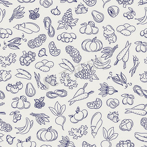 豌豆素描摄影照片_水果和蔬菜勾勒出天衣无缝的图案。果蔬天衣无缝的图案。食品素描样式矢量背景