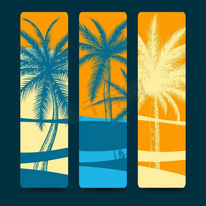 夏日海滩元素摄影照片_带有棕榈树的夏日风格书签。带有棕榈树和海滩风景的夏日风格书签。矢量插图