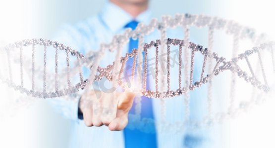 分子摄影照片_生物化学研究。人类手接触DNA分子的科学概念图像