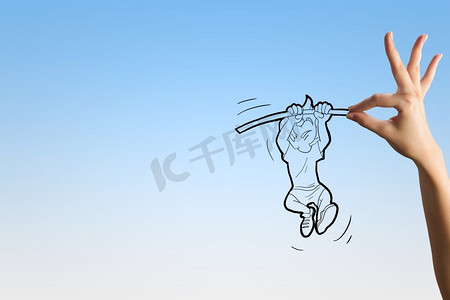 运动员漫画摄影照片_撑杆跳。滑稽的男子用扁担跳跃的漫画