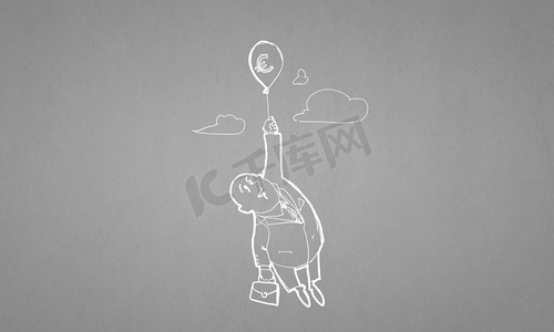 营销布局摄影照片_欧元。漫画的商人飞行气球与欧元标志