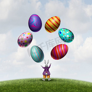 魔术兔子摄影照片_兔子玩弄复活节彩蛋，作为可爱的季节性兔子吉祥物，玩着带有3D插图元素的神奇装饰的春天节日符号。