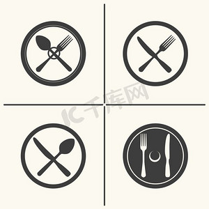 餐具扁平图标集。盘子、叉子、刀子和勺子图标。矢量餐具平面图标集