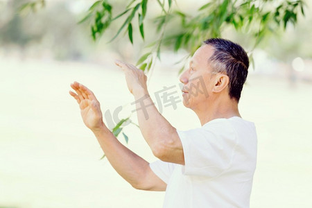 练太极拳的老头。夏天，一位老人在公园里练太极