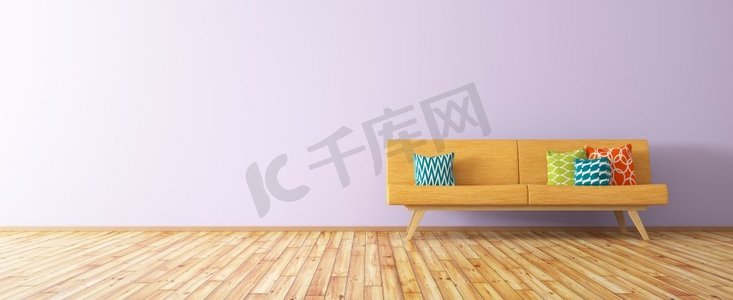 现代化的客厅内部，带有橙色沙发，紫色墙壁上有活力的坐垫，3D渲染