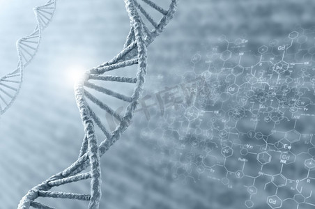 蓝色蓝色科技摄影照片_DNA分子。高科技DNA分子的生物化学背景概念