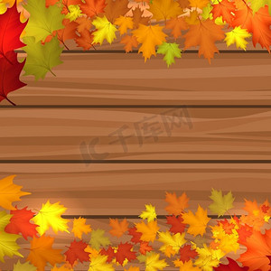 木质背景，秋日枫叶。秋季枫叶木质背景矢量插图