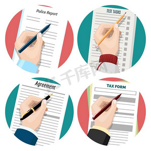 左撇子书写签名文件。带有左手书写签名文档表单向量的平面图标