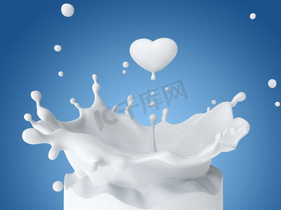 一滴心形的牛奶。一滴心形的牛奶。3D插图