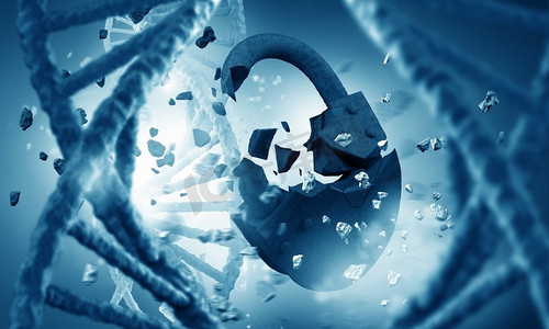锁的符号摄影照片_科学的DNA研究。DNA分子与破锁的生物化学概念