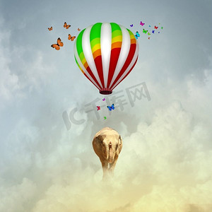 会飞的大象。五颜六色的浮空器上的大象在空中飞翔