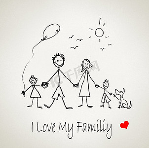 父母和孩子卡通摄影照片_我爱我的家人。素描快乐的父母和孩子的滑稽形象