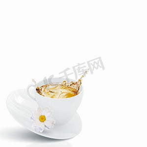 种茶摄影照片_一杯茶。白色背景下的白杯洋甘菊茶