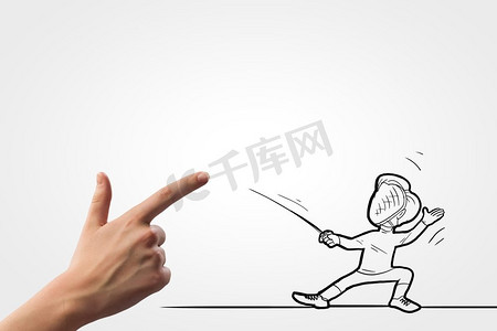 击剑运动。男子击剑运动员用手打架的滑稽漫画