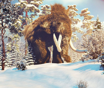 冬天森林里的大猛犸象。3D插图