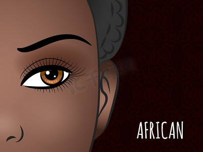 开业海报海报设计摄影照片_海报设计与非洲妇女的脸。与非洲类型的妇女的海报设计在装饰背景.传染媒介例证