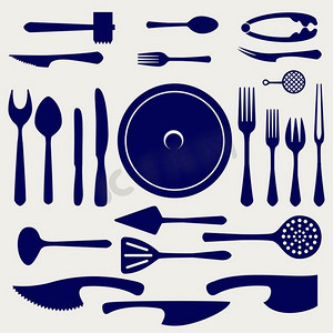 陶器图标设置在灰色背景上。陶器向量图标设置。勺子、刀子、叉子、盘子和其他厨房元素，背景为灰色