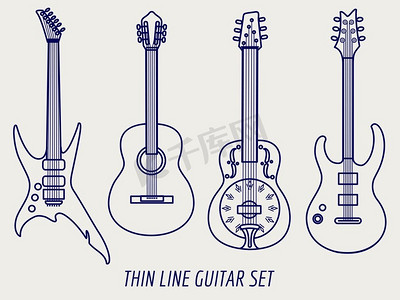灰色背景上的细线吉他。细线吉他设计孤立在灰色背景上。矢量插图