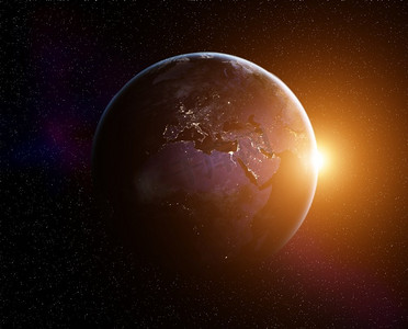 太阳升起的行星地球，从太空俯瞰。美国国家航空航天局提供的这张图片的要素