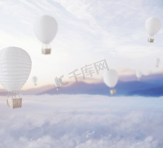 云层上摄影照片_蓝色梦幻天空上的散焦气球