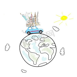 开车旅行。环游世界的旅行记忆。卡通星球车顶有著名纪念碑的蓝色复古玩具车