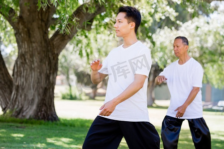 太极拳摄影照片_人们在公园练习太极拳。夏天在公园里练习太极的人们