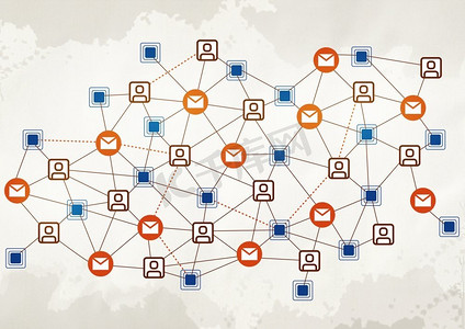 社会互动和交流。背景概念图像，网格表示社交网络概念