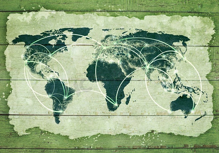 全球互动。带有世界地图和连接线的背景图像