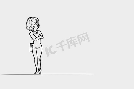 手绘素描。一幅白色背景的女商人的漫画，目光转向别处