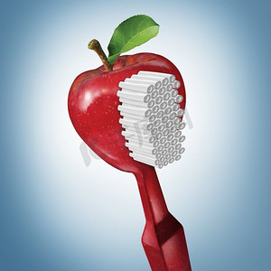 牙刷健康和刷牙作为牙齿口腔护理，形状像红苹果的牙刷作为牙齿清洁的符号，带有3D插图元素。
