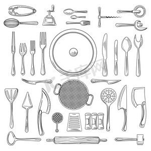 厨房用具或厨房用具素描。厨房用具或厨房用具素描矢量插图。手绘烹饪工具