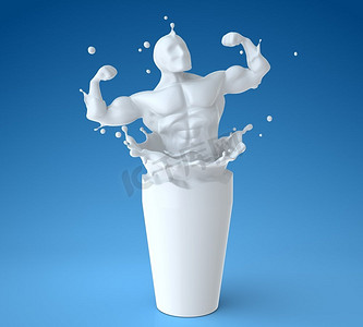 牛奶飞溅摄影照片_天然牛奶意味着健康。飞溅的牛奶在运动员的身体形式。3D例证