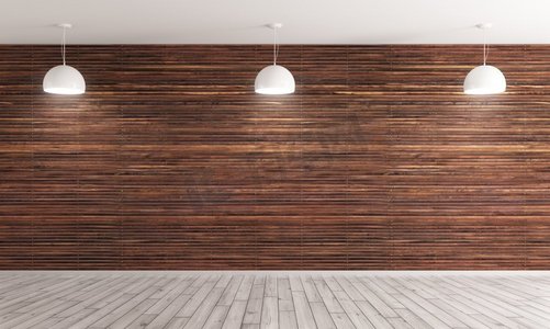 木质墙背景摄影照片_空荡荡的室内背景，房间采用棕色木质镶板墙和硬木地板，三盏白灯进行3D渲染