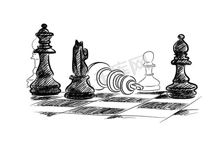 素描手摄影照片_国际象棋比赛。概念素描图像，白底棋子
