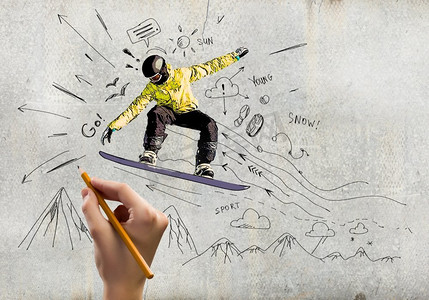 冬天素描摄影照片_单板滑雪。滑雪板运动员手绘素描特写