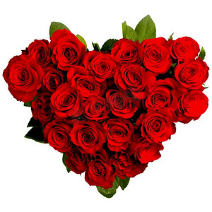 红色花束摄影照片_心形玫瑰。心形花束的红玫瑰孤立在白色背景