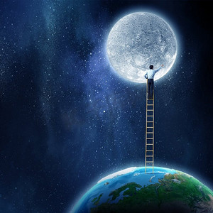 人类到达月球。商人站在月亮和地球palnet之间的梯子。这张图片的元素是由美国宇航局提供的