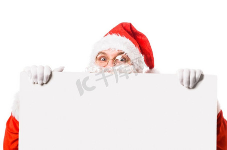 圣诞老人与空白广告牌，孤立在白色背景