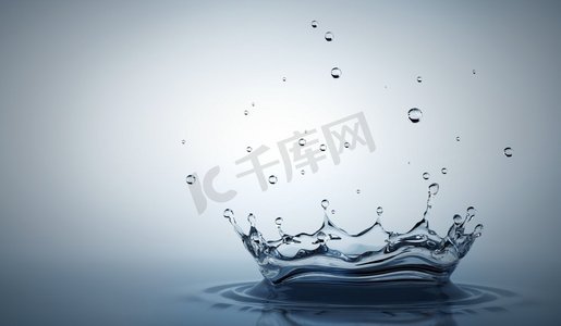 水花飞溅。水溅在浅灰色的背景上。3D插图