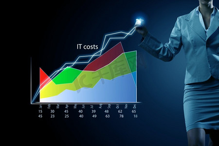平均销售报告。女实业家画在屏幕上的近距离视图市场infographs