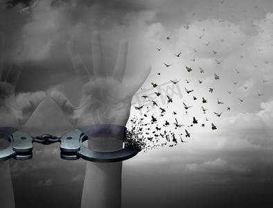 摆脱束缚的自由概念和救赎符号,如打开手铐的人手被转化为飞鸟,作为