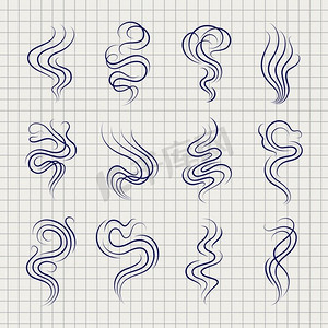 烟味线条素描图标。笔记本页面上的烟味线条图标。矢量插图