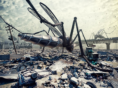 巨大的昆虫摧毁了这座城市。3D概念