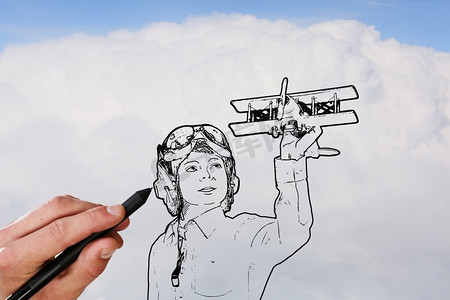 双平面草图。人手绘飞行员与老飞机在天空背景