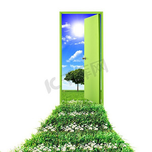 绿背景摄影照片_敞开大门，绿草蓝天，通向美丽纯净的大自然
