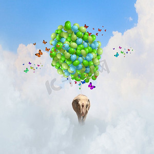 会飞的大象。大象骑着一串五颜六色的气球在天空中飞翔