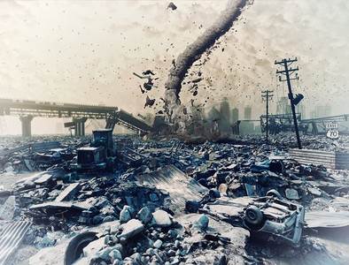 城市的废墟和龙卷风。灾情景观。3D插图概念