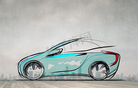 画好的汽车模型。手绘蓝色轿车设计概念