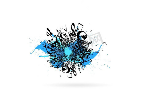 音乐概念。背景图像带有五颜六色的水花和音乐标志