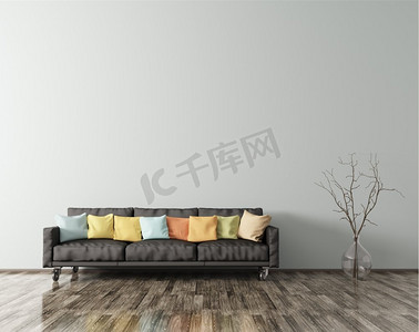 客厅内饰现代，配有黑色沙发、五颜六色的坐垫和花瓶，具有分支3D渲染功能